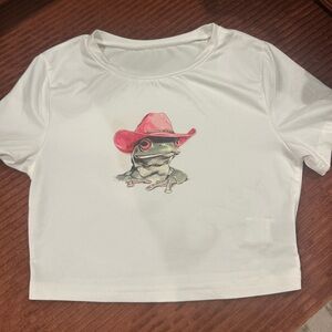 White Crop Top with Frog and Pink Hat Graphic
